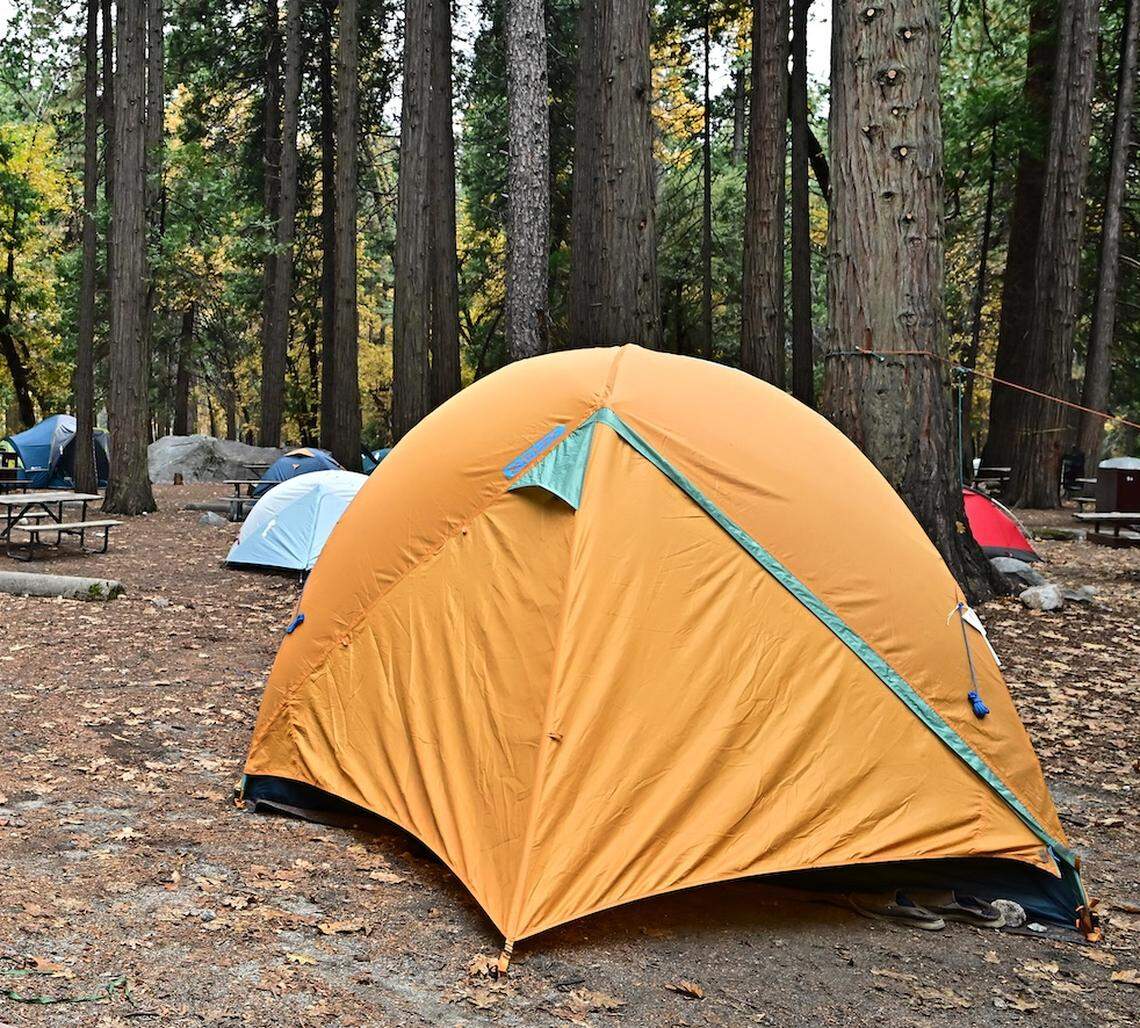 Bear-proof lockers are seen next to tents at a Yosemite Valley campground in Yosemite National Park, California on Oct. 25, 2025.